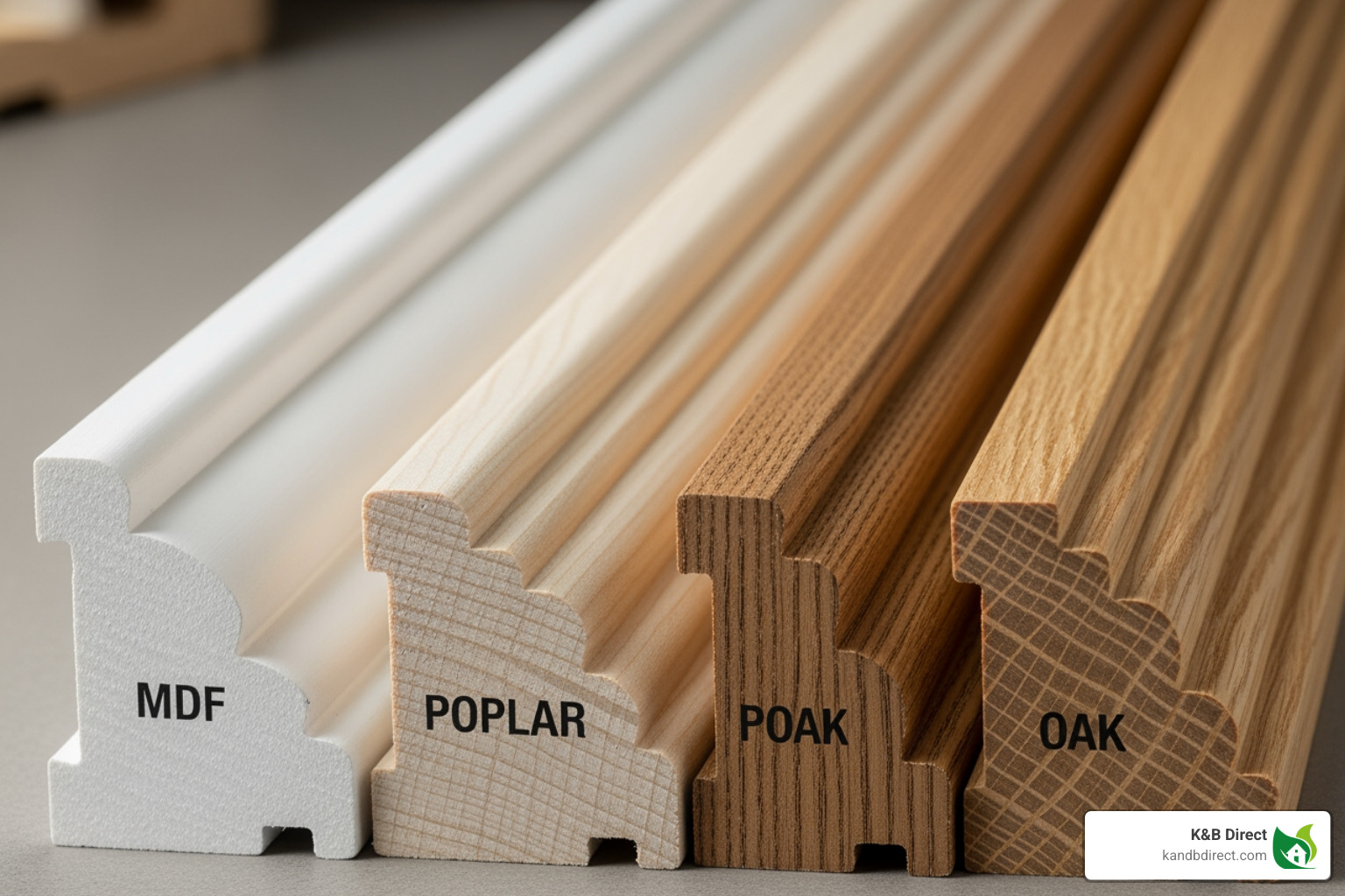 Various moulding profiles and materials like MDF, Poplar, and Oak side-by-side - 3 piece baseboard