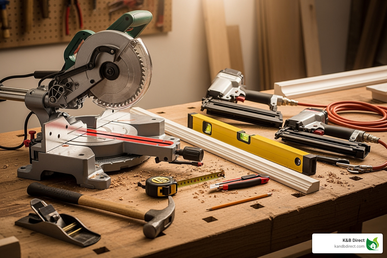 Tools needed for moulding installation including a miter saw, nail gun, level, and measuring tape - 3 piece baseboard