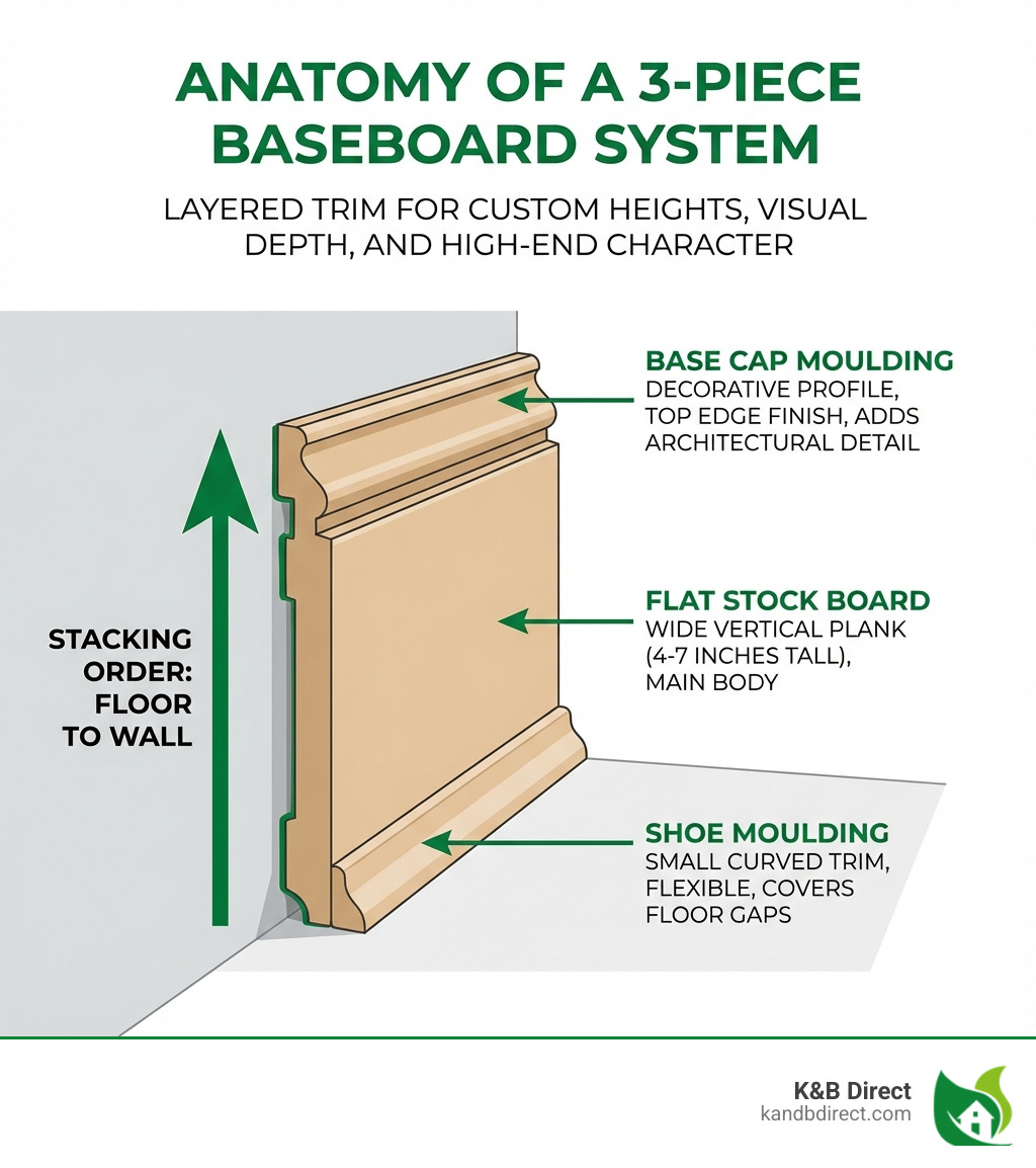 Infographic showing the anatomy of a 3-piece baseboard system: bottom layer is shoe moulding (small curved trim at floor level), middle layer is flat stock board (wide vertical plank 4-7 inches tall), top layer is base cap moulding (decorative profile along upper edge). Labels indicate each piece with arrows showing their stacked arrangement from floor to wall. - 3 piece baseboard infographic 