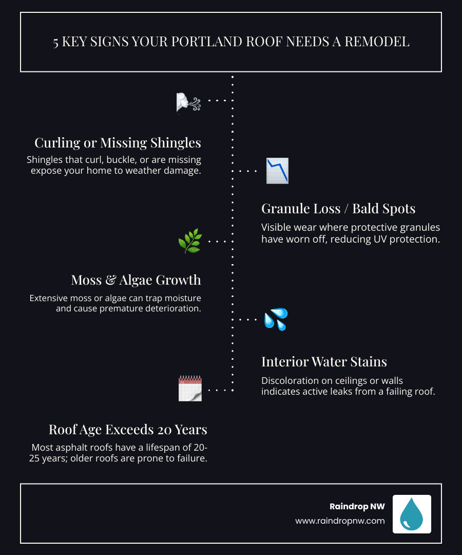 Infographic showing 5 key signs you need a roof remodel: curling or missing shingles, visible wear on shingle surfaces, moss or algae growth across roof, water stains on ceilings or walls, and roof age exceeding 20 years - best roof remodels in portland, or infographic infographic-line-5-steps-dark