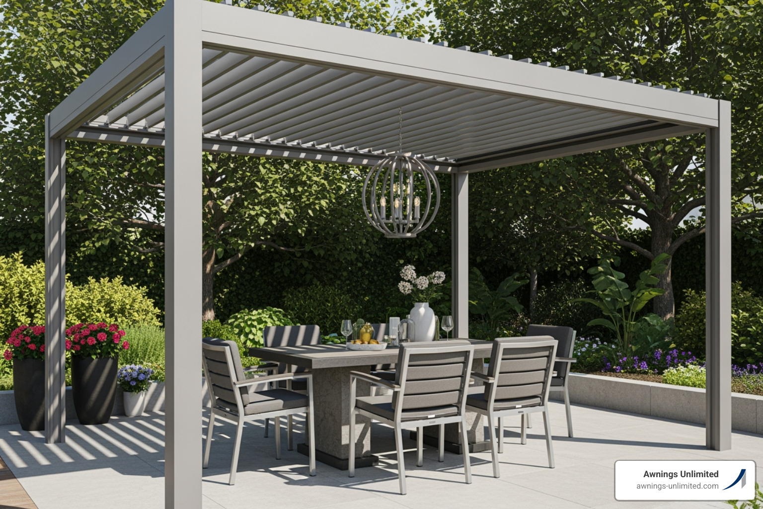 a modern aluminum pergola with an outdoor dining set underneath - patio cover ideas a modern aluminum pergola with an outdoor dining set underneath - patio cover ideas