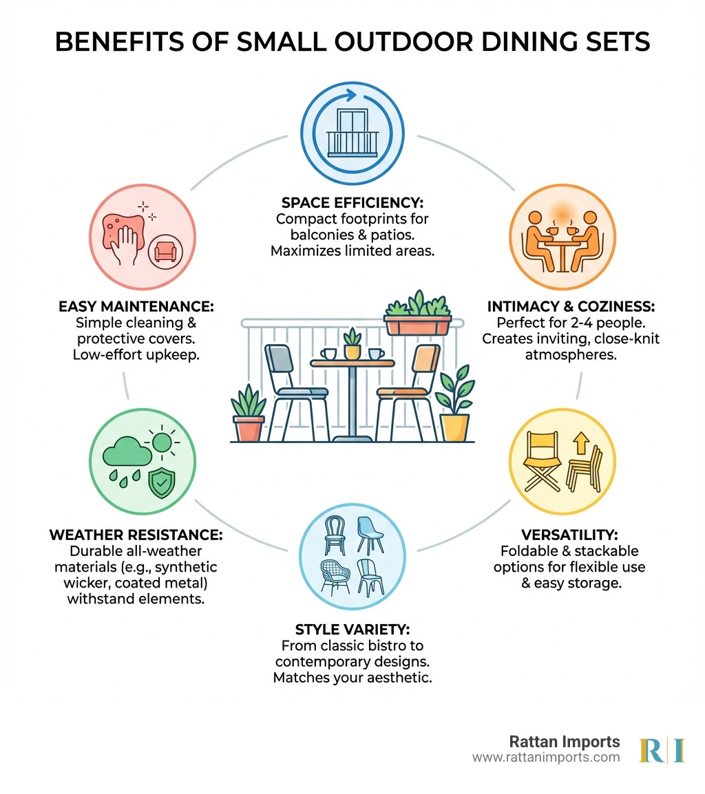 Infographic showing the benefits of small outdoor dining sets including space efficiency with compact footprints for balconies and patios, intimacy and coziness for 2-4 people creating inviting atmospheres, versatility with foldable and stackable options for flexible use, style variety from bistro to modern designs, weather resistance with durable all-weather materials, and easy maintenance with simple cleaning and protective covers - small outdoor dining infographic 