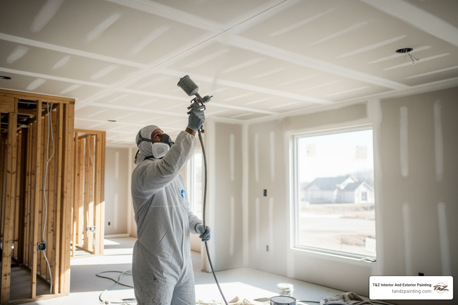 painter spraying ceiling - New construction painting painter spraying ceiling - New construction painting