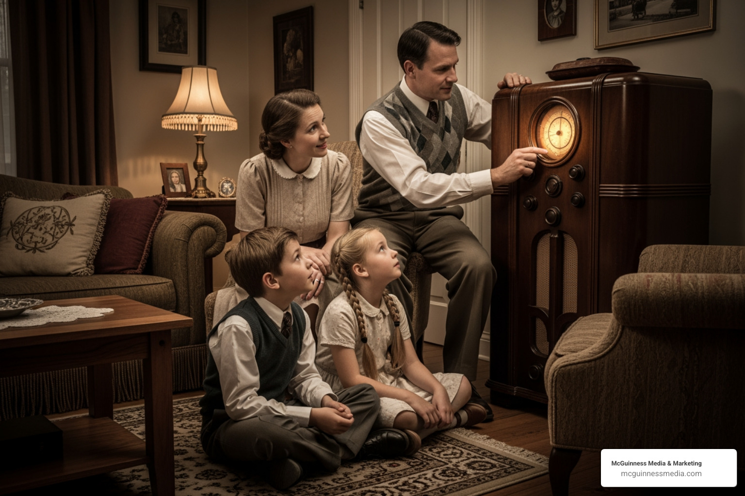 family listening to 1930s radio - radio advertising