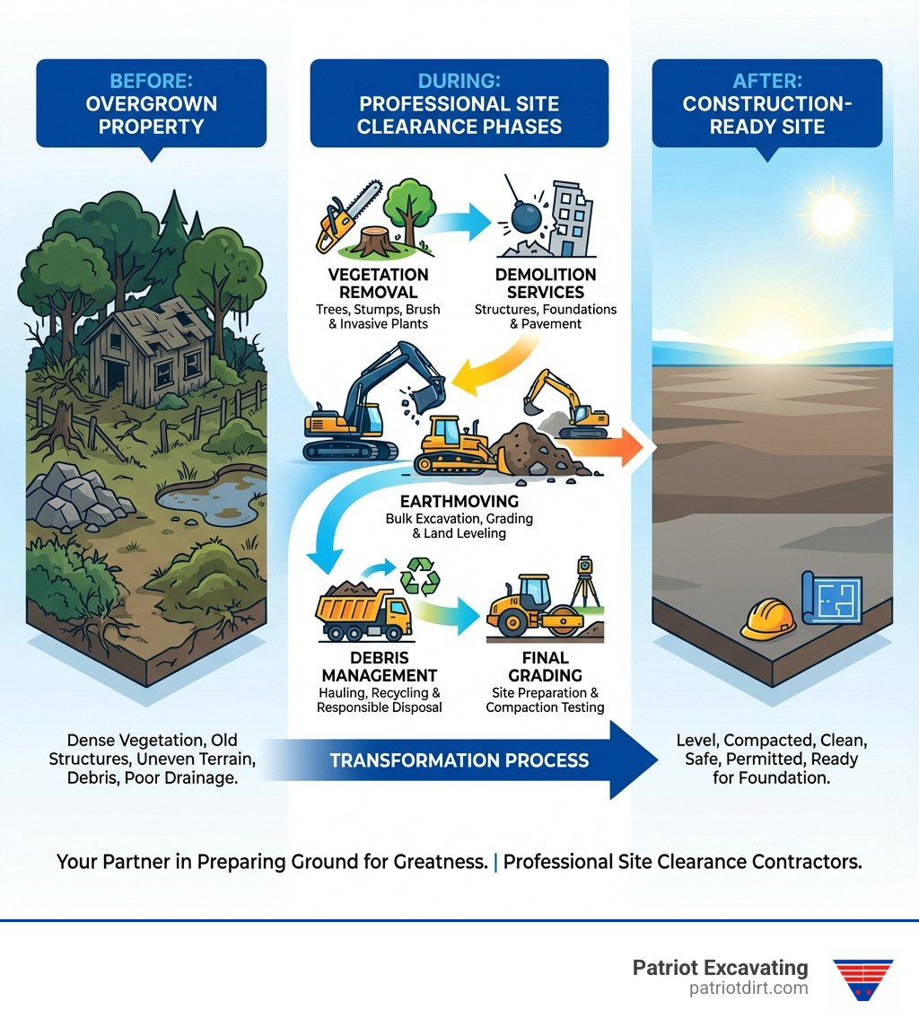 Infographic showing the transformation of an overgrown Indianapolis property with trees, old structures, and uneven terrain on the left side, transitioning through professional site clearance phases including vegetation removal, demolition, excavation, and grading in the middle, and ending with a level, compacted, construction-ready site on the right side, with icons representing key services like tree removal, structural demolition, earthmoving, debris management, and final grading - site clearance contractors infographic Infographic showing the transformation of an overgrown Indianapolis property with trees, old structures, and uneven terrain on the left side, transitioning through professional site clearance phases including vegetation removal, demolition, excavation, and grading in the middle, and ending with a level, compacted, construction-ready site on the right side, with icons representing key services like tree removal, structural demolition, earthmoving, debris management, and final grading - site clearance contractors infographic