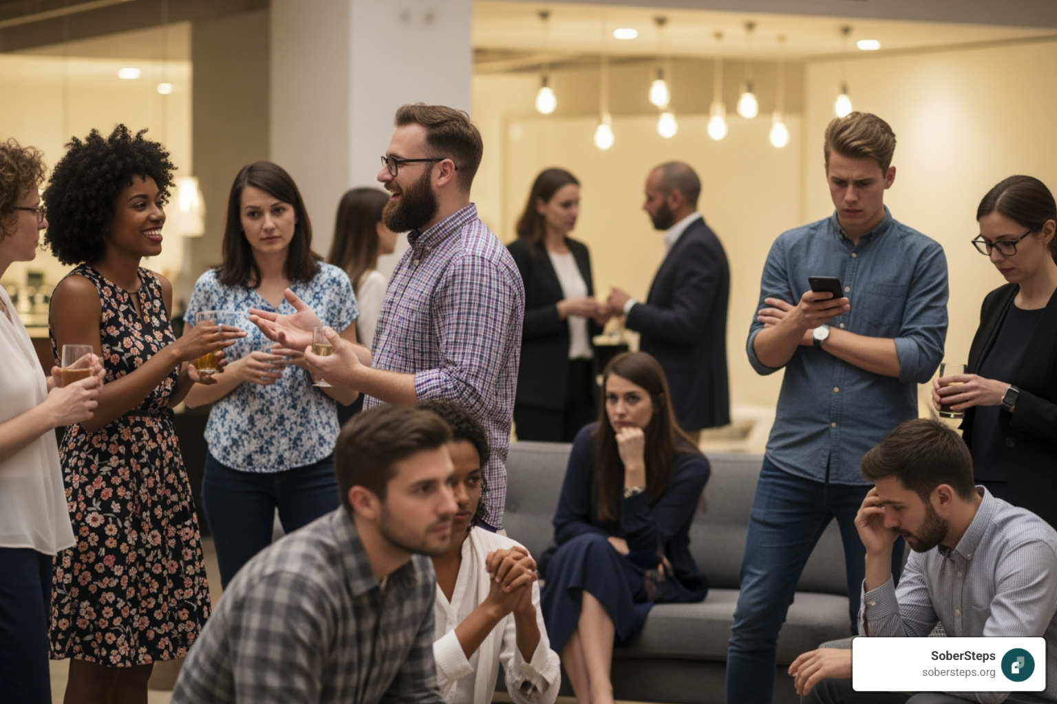 A diverse group of people in a social setting, some interacting, some looking anxious or withdrawn, illustrating social anxiety - Anxiety Disorders