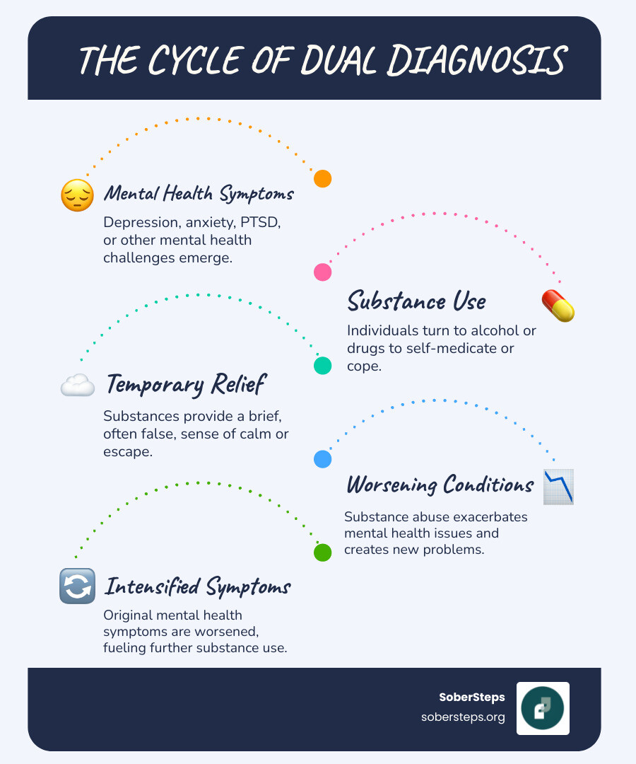 Infographic showing the dual diagnosis cycle: Mental health symptoms (depression, anxiety, PTSD) lead to substance use as self-medication, which temporarily relieves symptoms but ultimately worsens mental health, increases tolerance and dependence, creates new problems, and intensifies original mental health symptoms, completing the cycle - Dual Diagnosis infographic infographic-line-5-steps-blues-accent_colors Infographic showing the dual diagnosis cycle: Mental health symptoms (depression, anxiety, PTSD) lead to substance use as self-medication, which temporarily relieves symptoms but ultimately worsens mental health, increases tolerance and dependence, creates new problems, and intensifies original mental health symptoms, completing the cycle - Dual Diagnosis infographic infographic-line-5-steps-blues-accent_colors