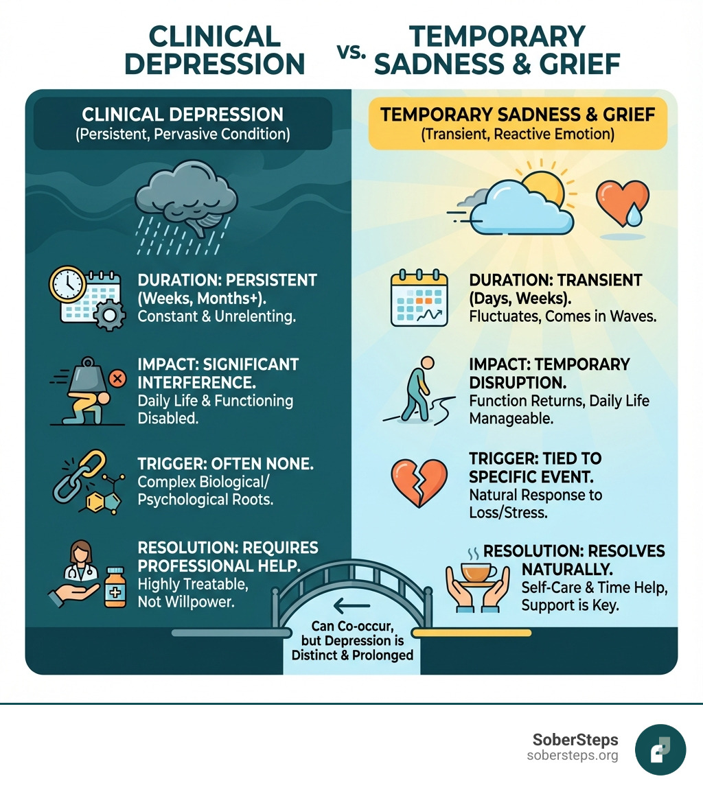 infographic explaining the key differences between clinical depression and temporary sadness or grief - Depression infographic 
