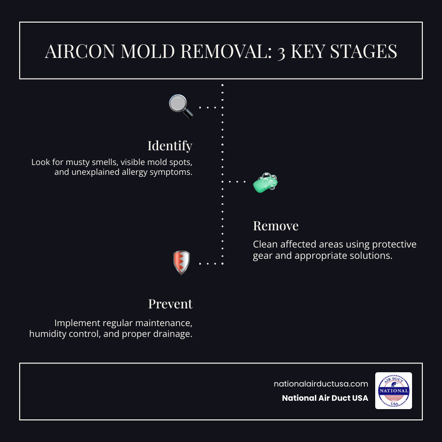 Infographic showing three stages of aircon mold removal: Stage 1 - Identify (magnifying glass over moldy vent, musty smell icon, health symptom icons), Stage 2 - Remove (safety gear, cleaning spray bottle, scrub brush, before and after images), Stage 3 - Prevent (clean filter, humidity gauge showing below 50%, calendar showing regular maintenance schedule) - aircon mold removal infographic infographic-line-3-steps-dark