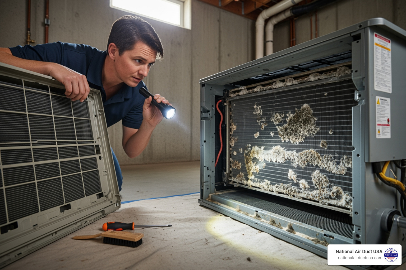 person inspecting AC unit - aircon mold removal