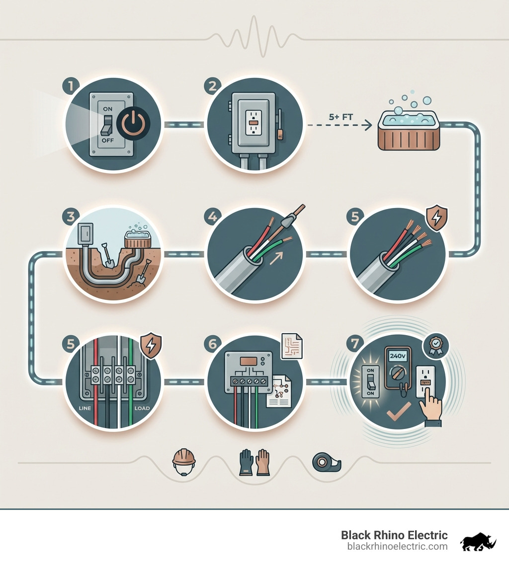 Detailed infographic outlining the seven key steps for safely wiring a hot tub, including disconnect installation, conduit routing, wire pulling, and final connections. - hot tub wiring infographic 