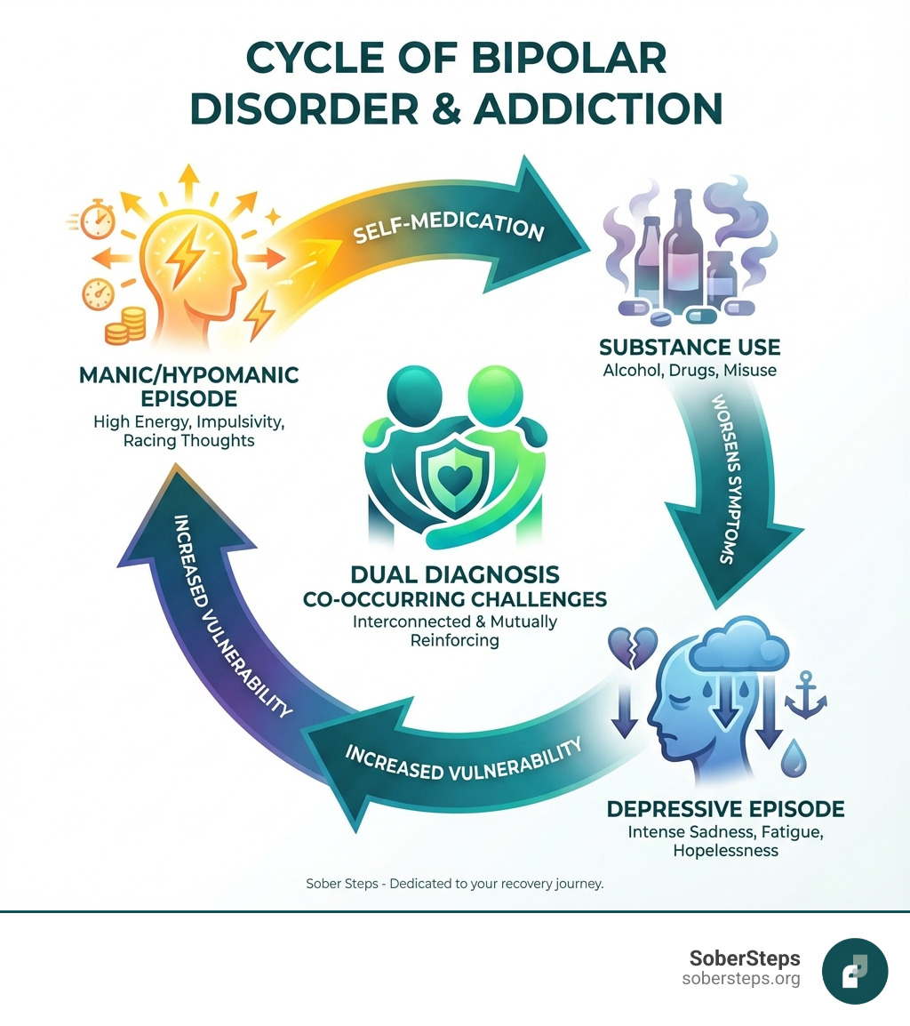 Infographic explaining the cycle of bipolar disorder and addiction - Bipolar Disorder infographic 