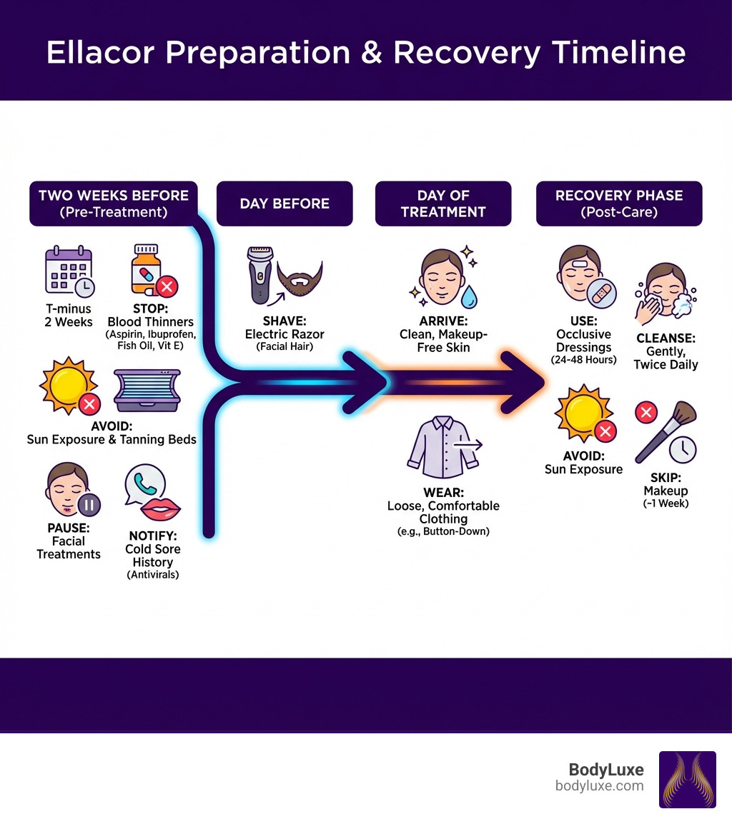 infographic showing ellacor preparation timeline from two weeks before through recovery, including medication stops, day-of instructions, and post-care steps with visual icons for each phase - how to prepare for ellacor treatment infographic infographic showing ellacor preparation timeline from two weeks before through recovery, including medication stops, day-of instructions, and post-care steps with visual icons for each phase - how to prepare for ellacor treatment infographic