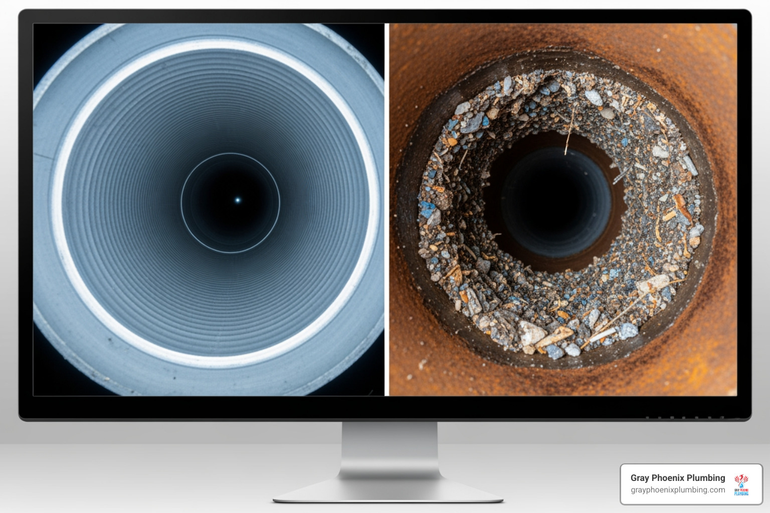 video inspection monitor showing a clear pipe vs a clogged one - Drain cleaning service Littleton video inspection monitor showing a clear pipe vs a clogged one - Drain cleaning service Littleton