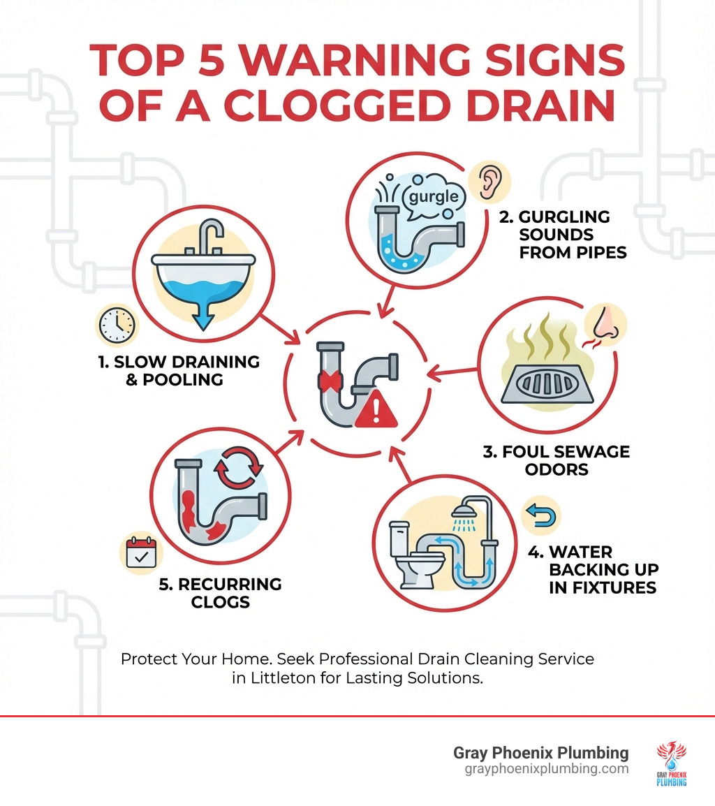 infographic showing the top 5 warning signs of a clogged drain: slow draining water pooling in sink, gurgling sounds coming from pipes, foul sewage odors from drains, water backing up in fixtures, and recurring clogs that keep returning - Drain cleaning service Littleton infographic infographic showing the top 5 warning signs of a clogged drain: slow draining water pooling in sink, gurgling sounds coming from pipes, foul sewage odors from drains, water backing up in fixtures, and recurring clogs that keep returning - Drain cleaning service Littleton infographic
