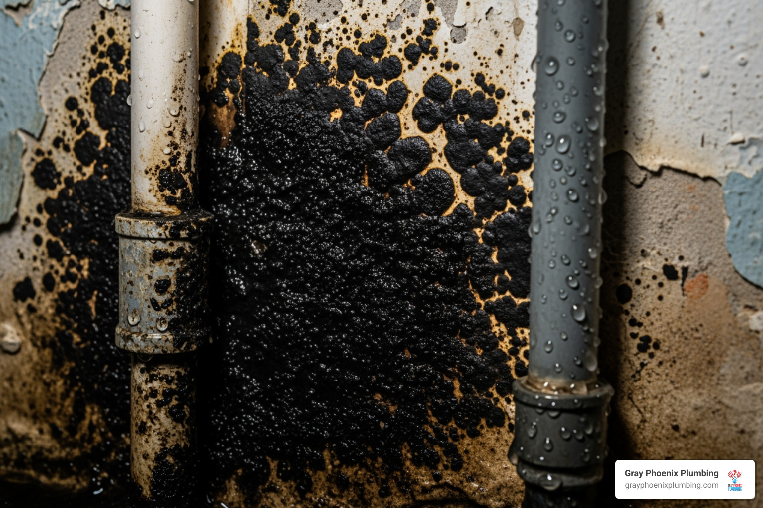 mold growth on a wall behind a pipe - Water leak detection Littleton