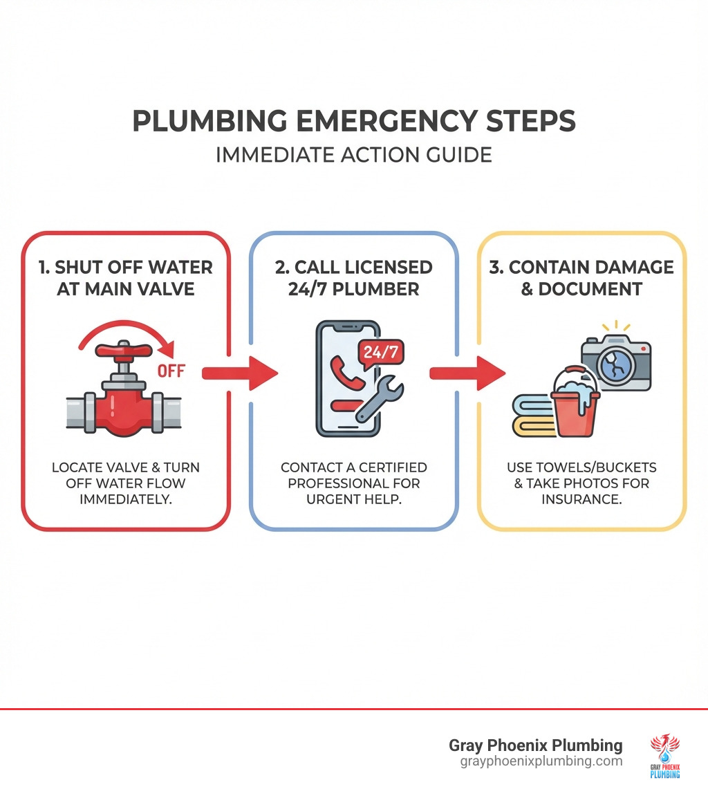 Infographic showing three emergency steps: 1. Shut off water at main valve (with icon of valve handle), 2. Call licensed 24/7 plumber (with icon of phone), 3. Contain damage and document (with icon of camera and towels) - Plumbing emergency Littleton CO infographic 