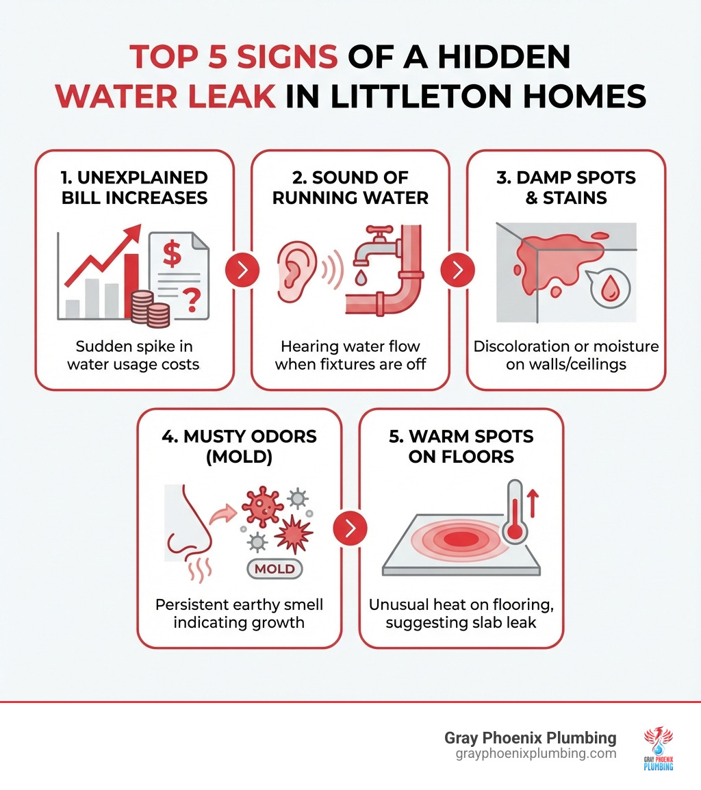 Infographic showing the top 5 signs of a hidden water leak in Littleton homes: unexplained increases in water bills, sound of running water when all fixtures are off, damp spots or water stains on walls and ceilings, musty odors indicating mold growth, and warm spots on floors suggesting slab leaks - Water leak detection Littleton infographic 