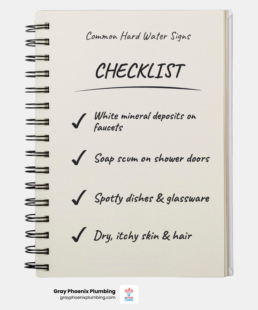 infographic showing common signs of hard water including white mineral deposits on faucets, soap scum buildup on shower doors, spotty dishes and glassware, stiff or dingy laundry, dry itchy skin after bathing, reduced water heater efficiency, and clogged pipes with scale buildup - Water softener installation Littleton infographic checklist-notebook