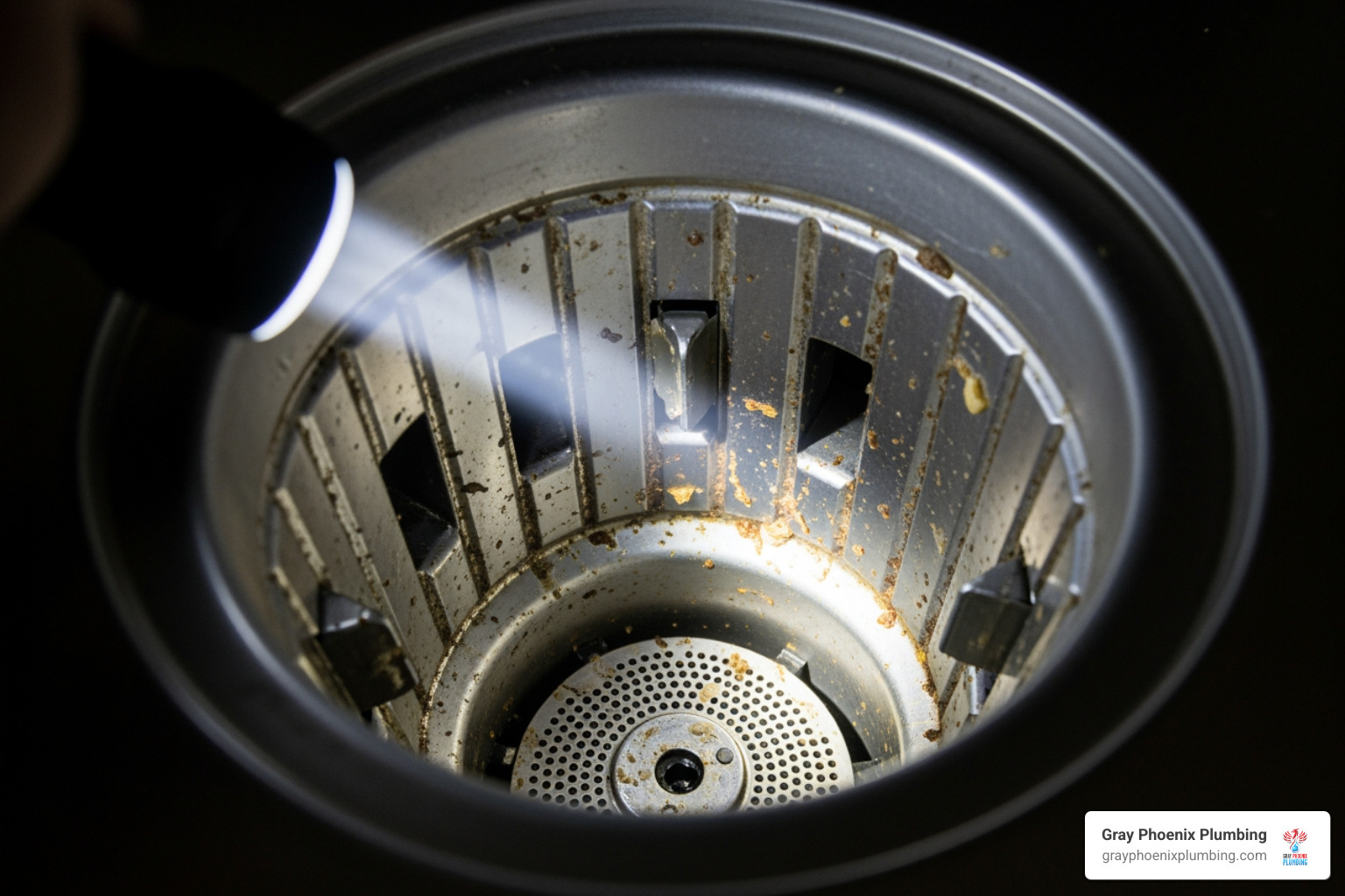 flashlight shining into a garbage disposal unit - Garbage disposal repair Littleton