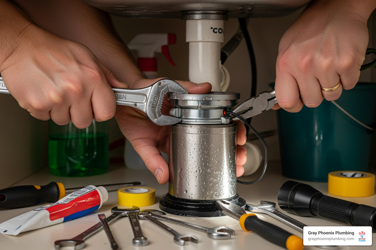 plumber's hands working on a garbage disposal under a sink - Garbage disposal repair Littleton