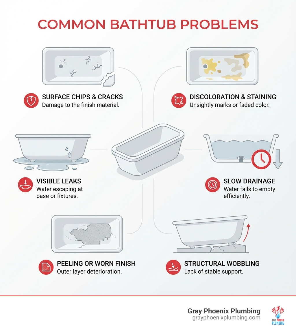 infographic showing common bathtub problems including chips and cracks in the surface, discoloration and staining, visible leaks or water pooling around the base, slow drainage, peeling or worn finish, and structural wobbling or lack of support - Bathtub repair Littleton infographic infographic showing common bathtub problems including chips and cracks in the surface, discoloration and staining, visible leaks or water pooling around the base, slow drainage, peeling or worn finish, and structural wobbling or lack of support - Bathtub repair Littleton infographic