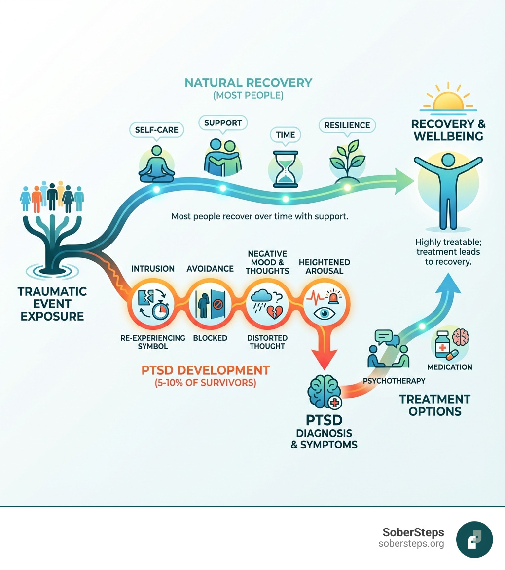 Infographic showing the path from traumatic event exposure through natural recovery for most people, versus the development of PTSD symptoms (intrusion, avoidance, negative mood changes, and heightened arousal) for 5-10% of trauma survivors, with treatment options leading to recovery -  Post-Traumatic Stress Disorder (PTSD) infographic 