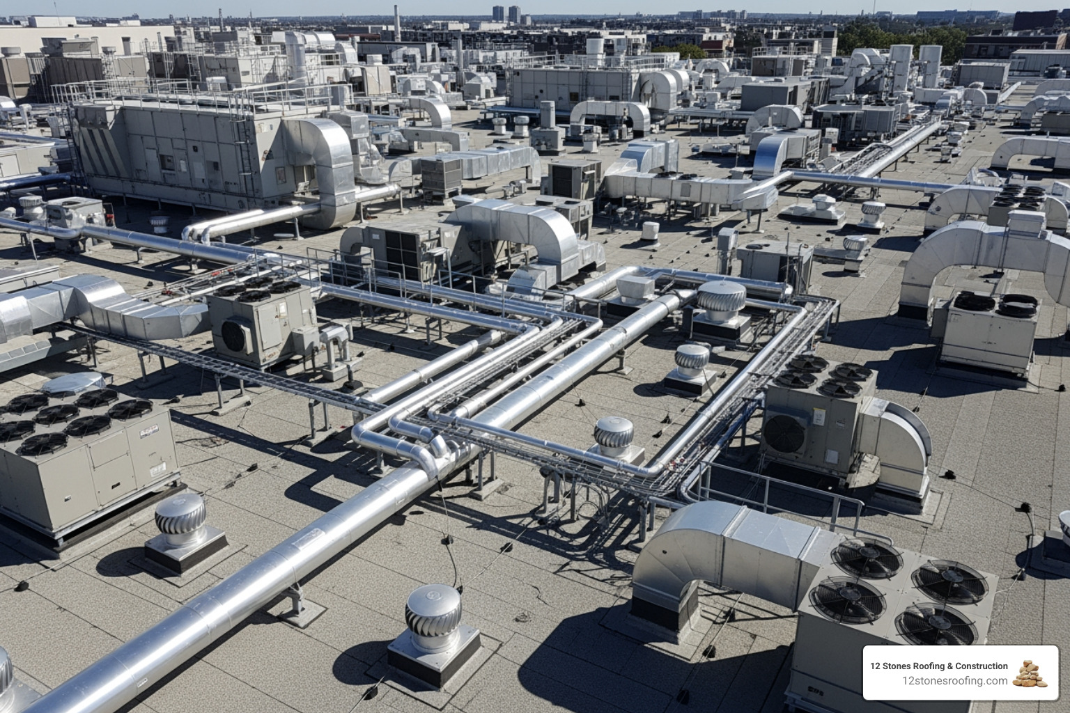 A large commercial flat roof with multiple HVAC units and vents, showing complexity. - flat roof waterproofing cost