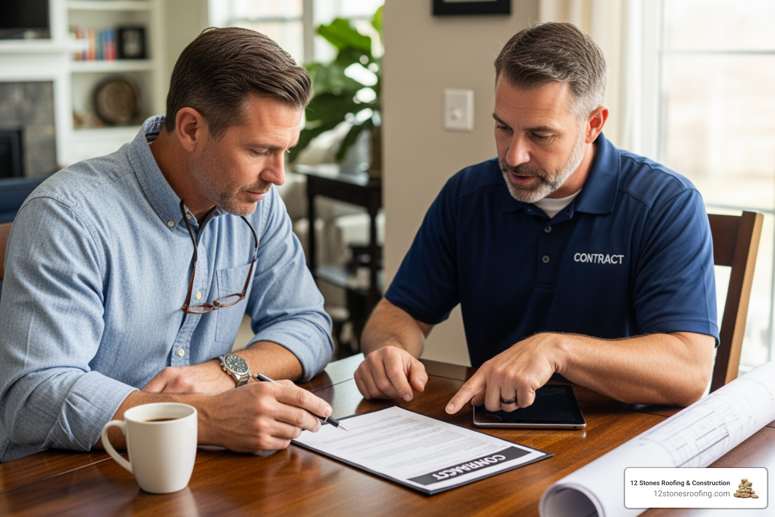 A homeowner reviewing a roofing contract with a contractor. - flat roof waterproofing cost