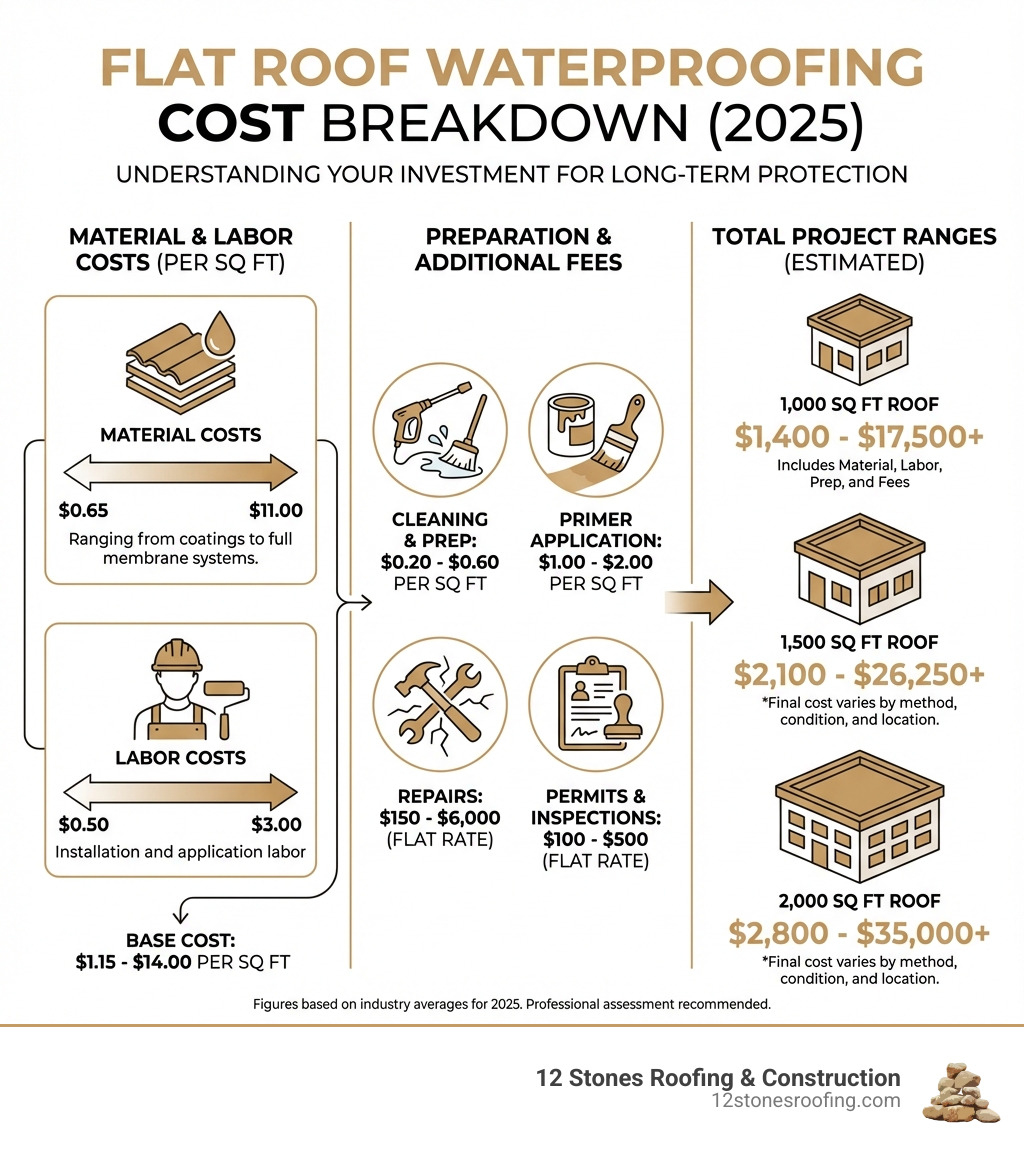 Infographic showing flat roof waterproofing cost breakdown: material costs ranging from $0.65-$11.00 per sq ft, labor costs of $0.50-$3.00 per sq ft, preparation costs including cleaning ($0.20-$0.60 per sq ft), primer ($1-$2 per sq ft), repairs ($150-$6,000), permits ($100-$500), and total project ranges for 1,000, 1,500, and 2,000 sq ft roofs - flat roof waterproofing cost infographic 
