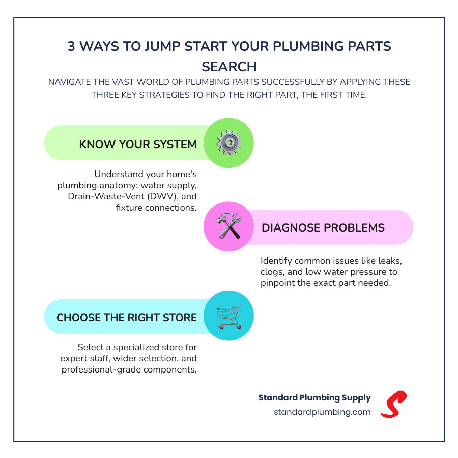 Essential guide showing three main strategies for finding plumbing parts: 1) Know Your System with icons of pipes, valves and fixtures, 2) Diagnose Problems with images of common issues like leaks and clogs, and 3) Choose the Right Store with comparison of specialized vs general retailers - plumbing parts store infographic infographic-line-3-steps-colors