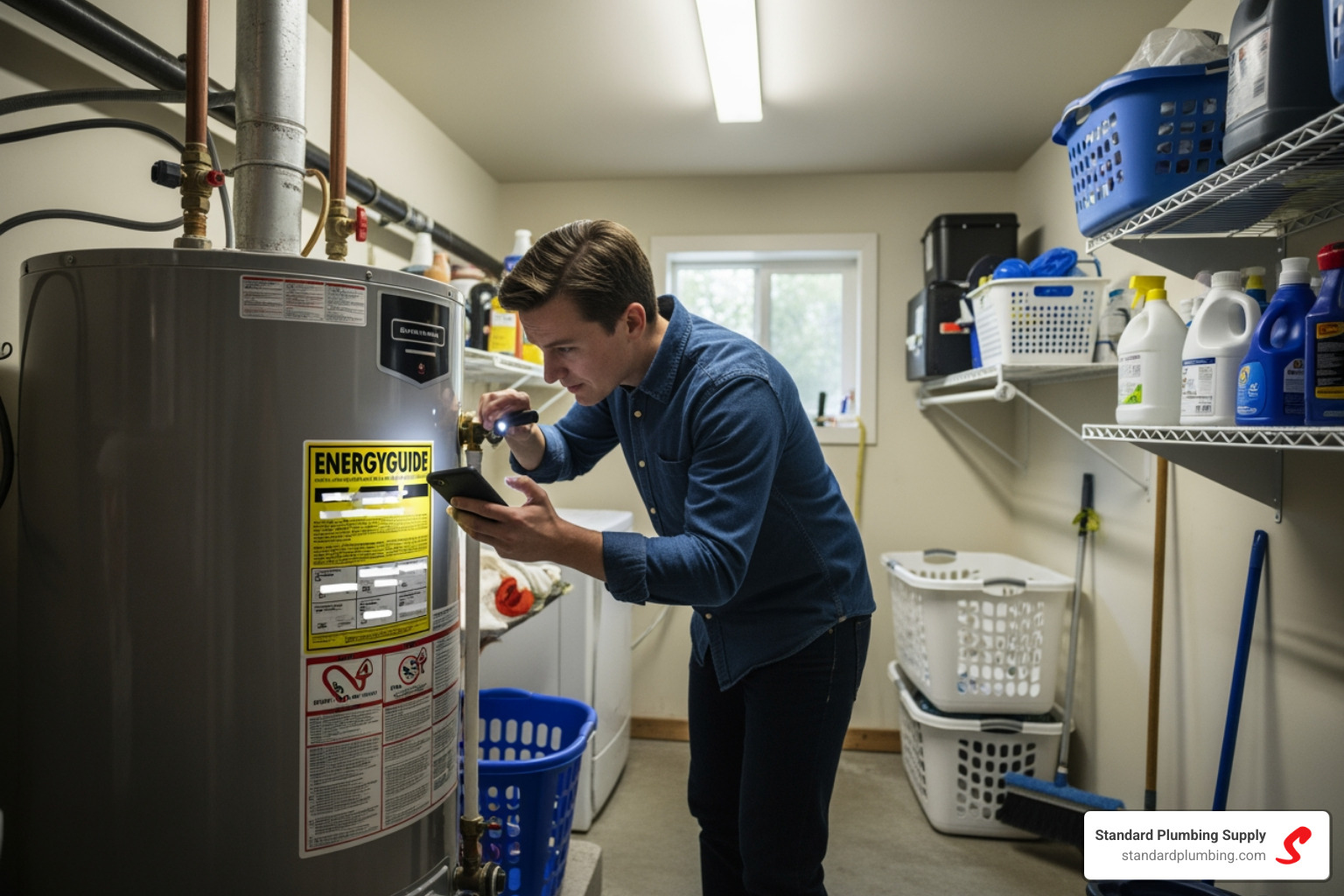 Person looking at an EnergyGuide label on a water heater - water heaters