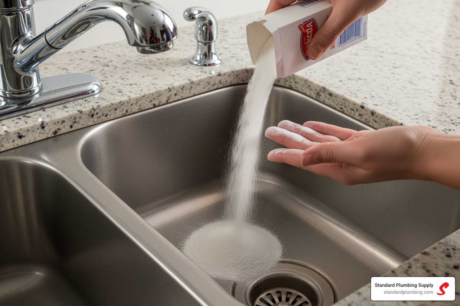 person pouring baking soda down a drain - home drain cleaner
