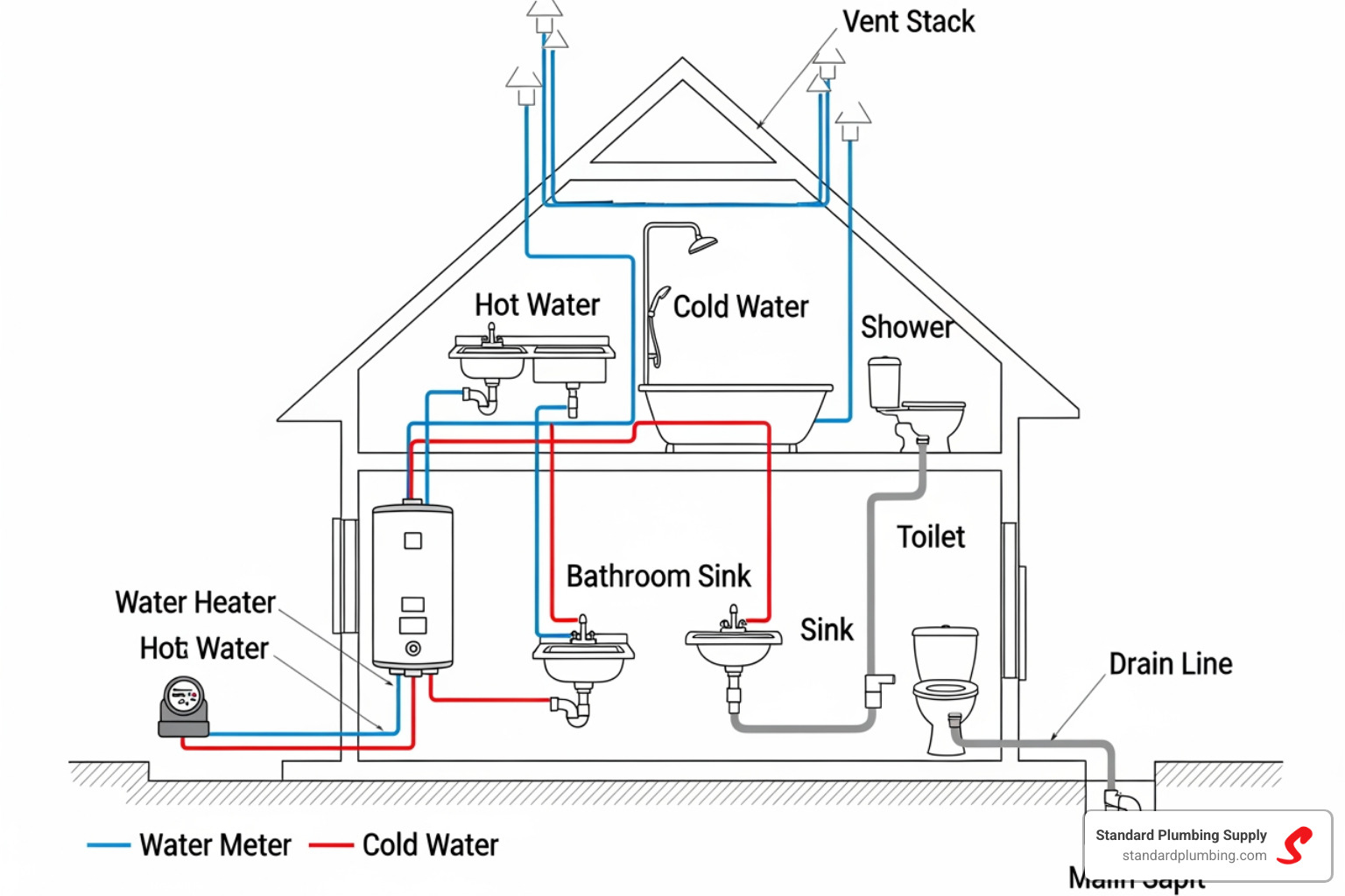 Simplified diagram of a home's plumbing system - plumbing parts store