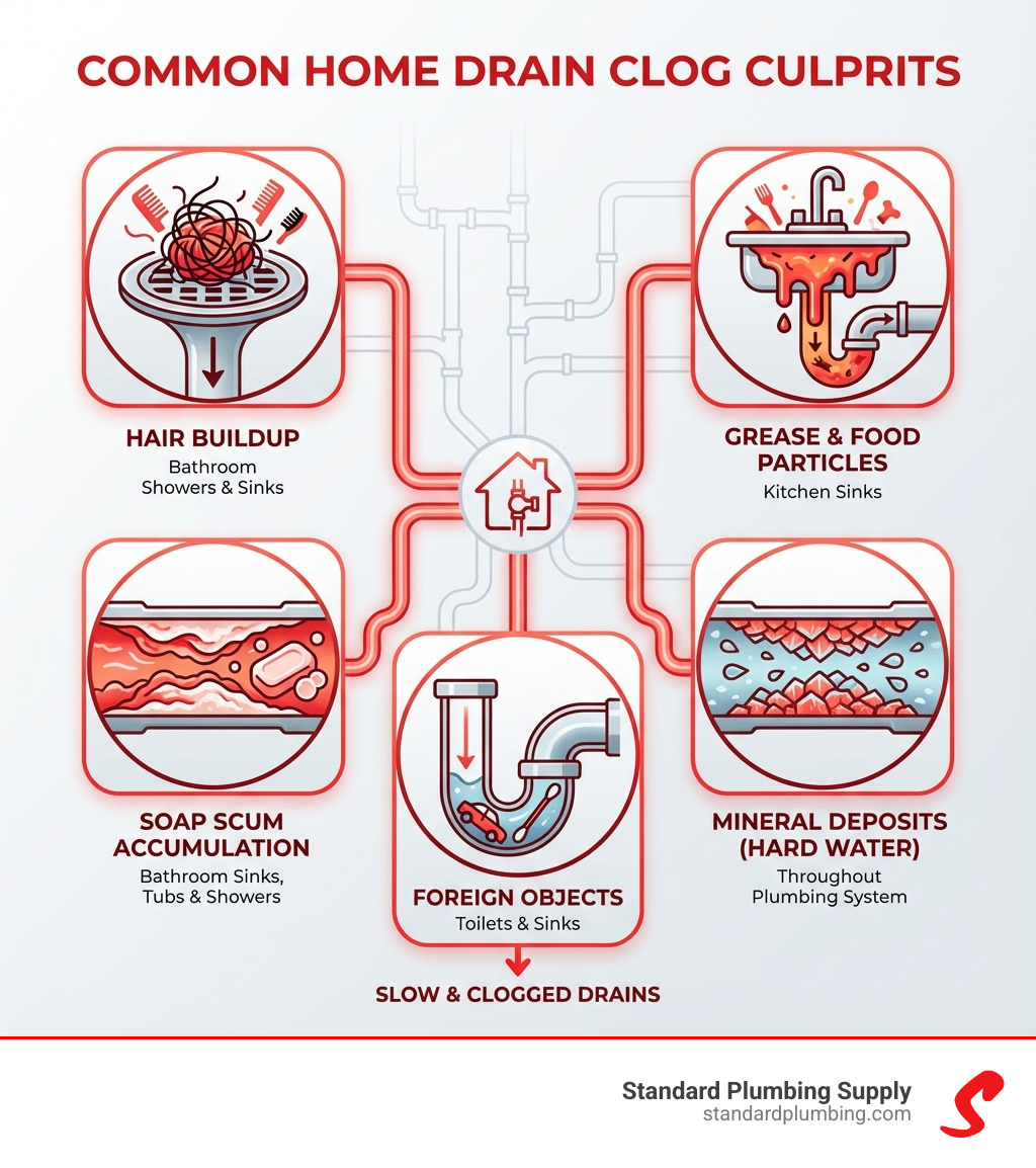 infographic showing common drain clog causes including hair buildup in bathroom drains, grease and food particles in kitchen sinks, soap scum accumulation, mineral deposits from hard water, and foreign objects, with visual representations of each clog type and where they typically occur in home plumbing - home drain cleaner infographic 