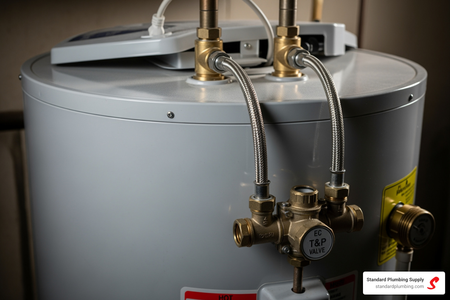 Top of a lowboy water heater showing top-connect water lines - 40 gallon lowboy electric water heater