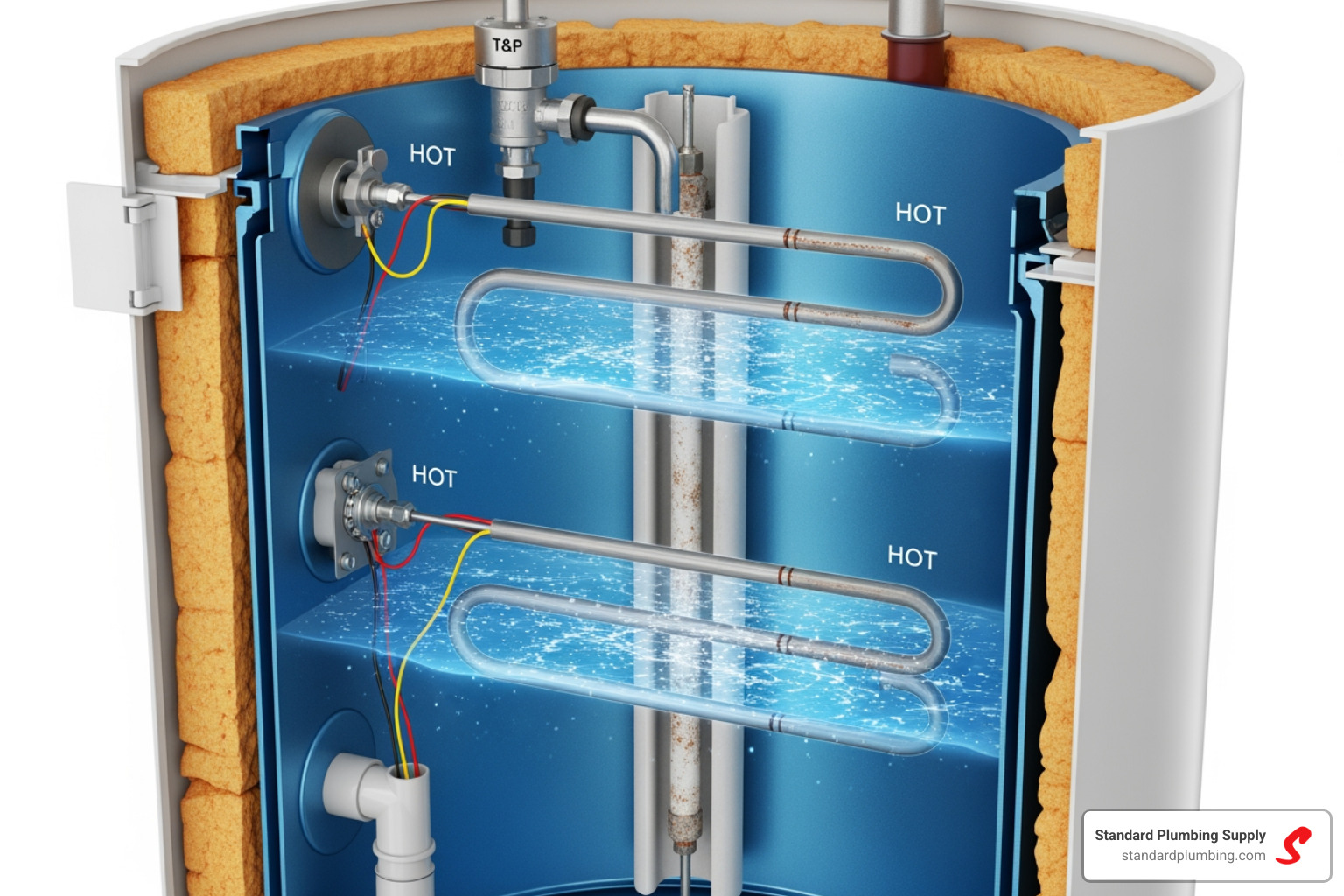 Cutaway view of an electric water heater showing the elements and anode rod - 40 gallon lowboy electric water heater
