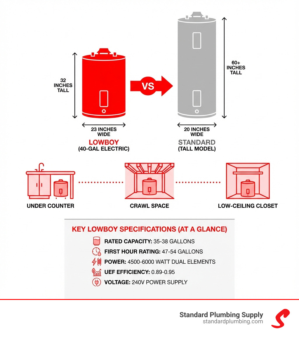 Infographic comparing dimensions of a 40-gallon lowboy electric water heater (32 inches tall by 23 inches wide) versus a standard tall model (60+ inches tall by 20 inches wide), showing ideal installation locations including under counters, in crawl spaces, and in low-ceiling closets, with key specifications listed: 35-38 gallon rated capacity, 47-54 gallon first hour rating, 4500-6000 watt dual elements, UEF 0.89-0.95, and 240V power supply - 40 gallon lowboy electric water heater infographic 