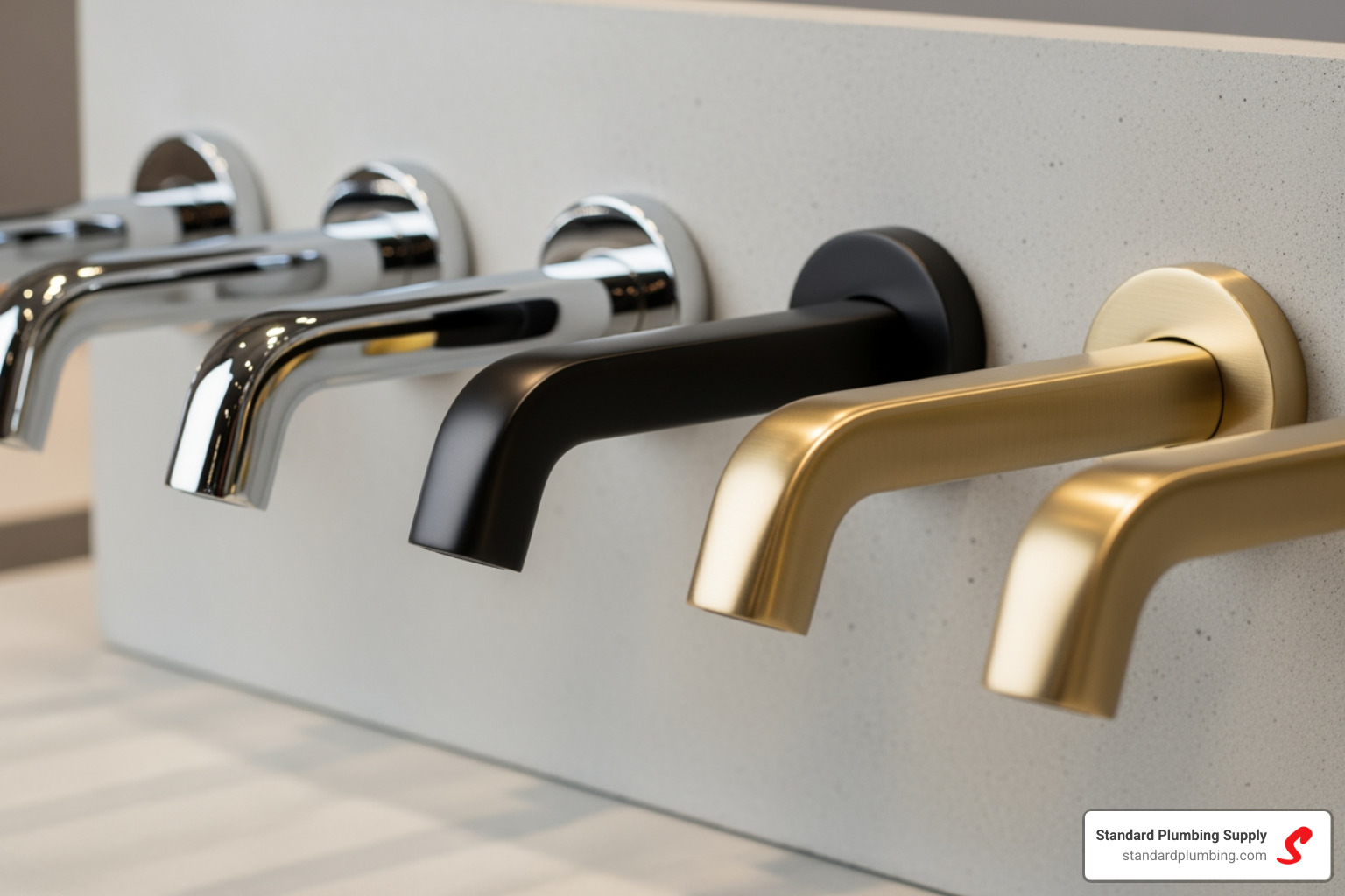 A close-up shot showcasing different faucet finishes like chrome, matte black, and brushed gold, arranged neatly. - places to buy faucets near me