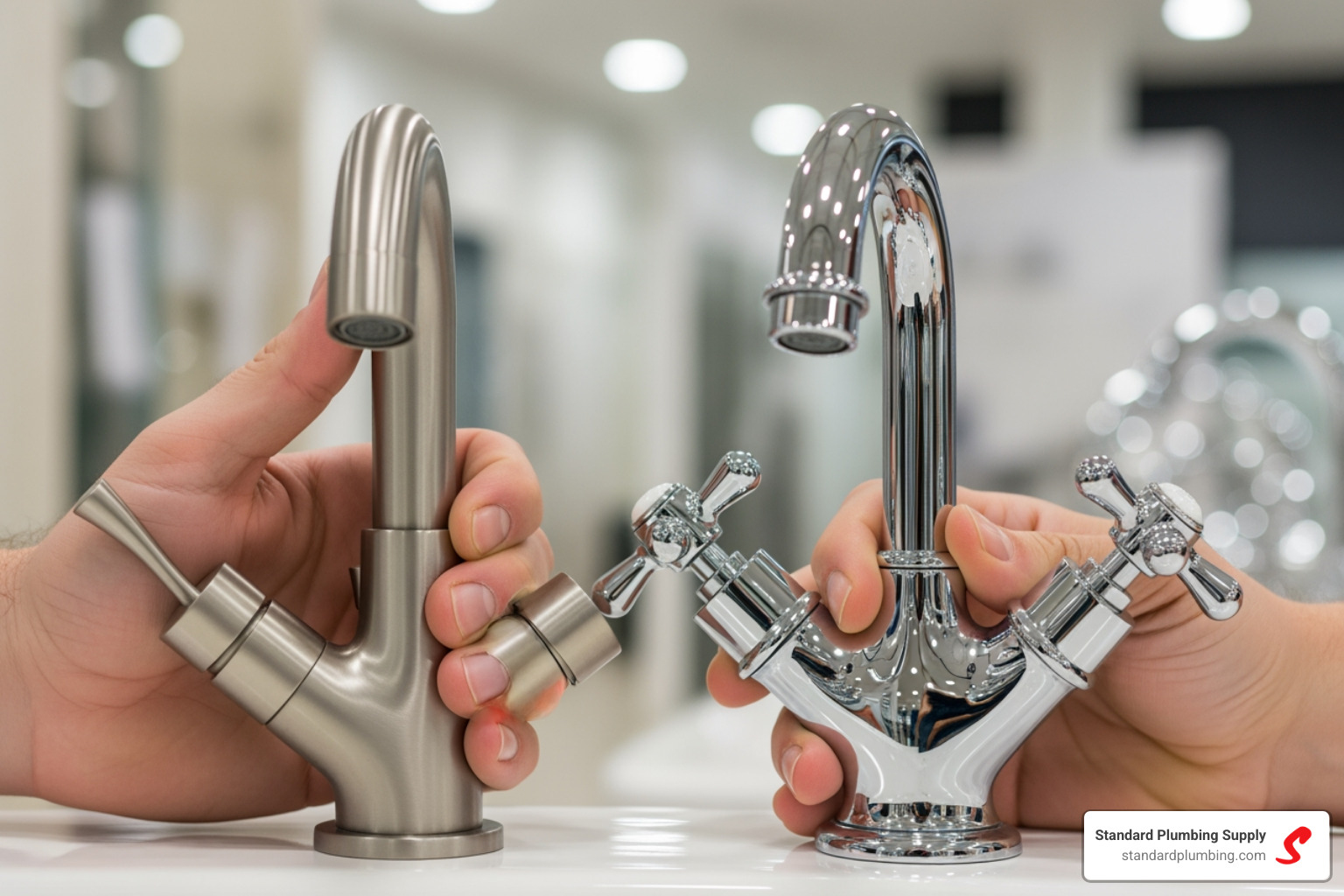 A person comparing two different bathroom faucets in their hands inside a store, highlighting the tactile experience. - places to buy faucets near me