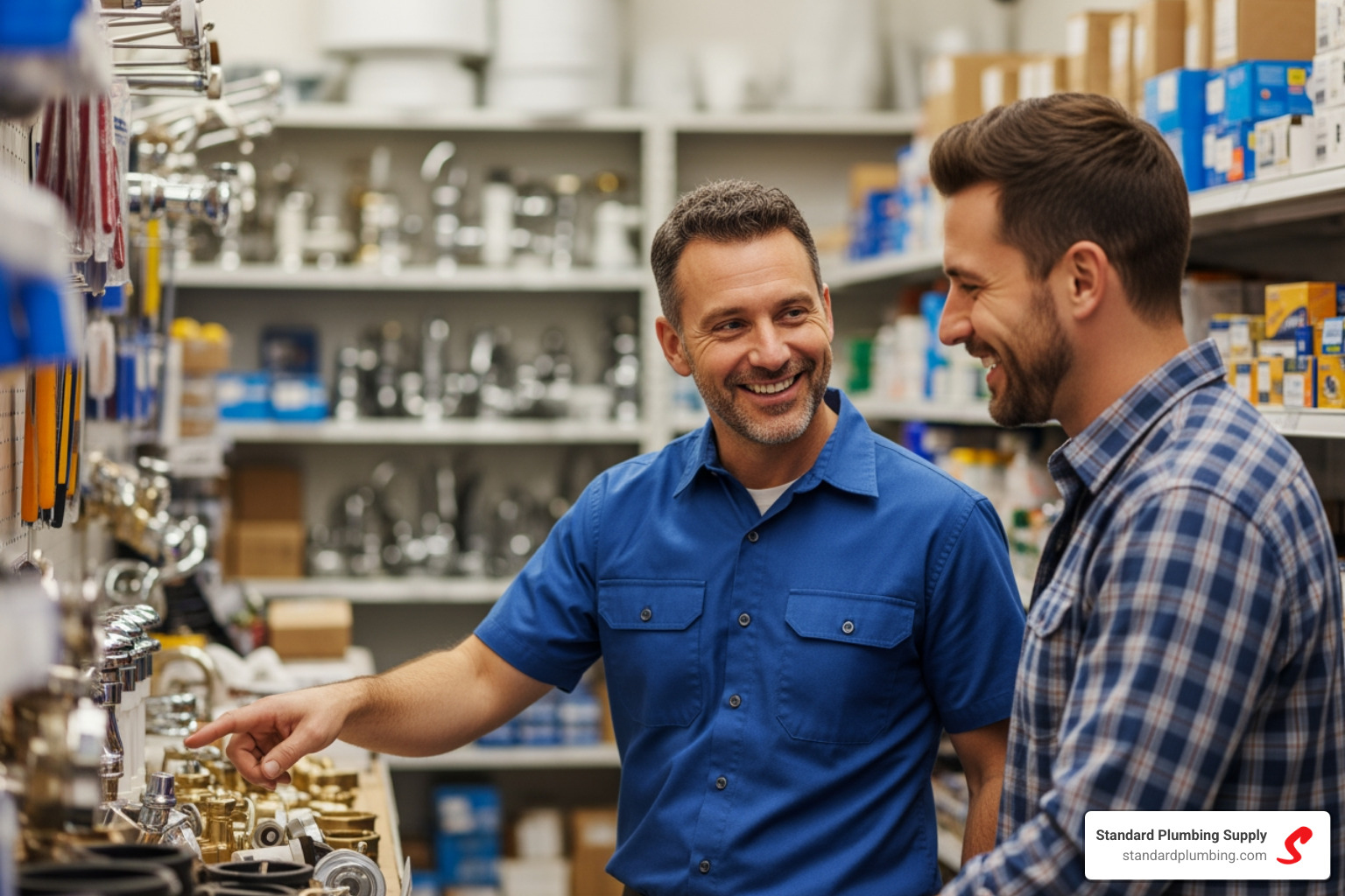 A friendly local plumbing shop owner assisting a customer, pointing to a plumbing part - local plumbing shops near me