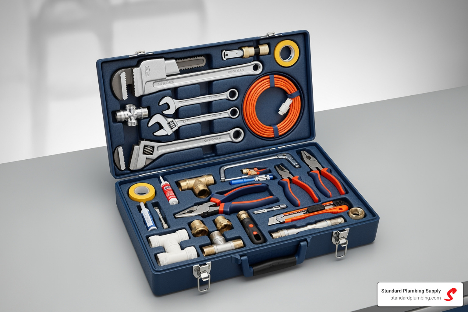 A well-organized plumbing toolbox with various tools like wrenches, pliers, and a drain snake - local plumbing shops near me