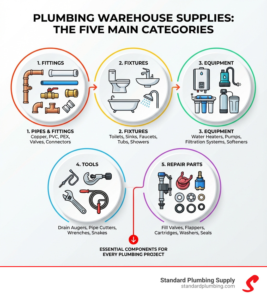 Infographic showing the five main categories of plumbing warehouse supplies: Pipes & Fittings (including copper, PVC, PEX, valves, and connectors), Fixtures (toilets, sinks, faucets, tubs, showers), Equipment (water heaters, pumps, filtration systems, softeners), Tools (drain augers, pipe cutters, wrenches, snakes), and Repair Parts (fill valves, flappers, cartridges, washers, seals) - plumbing warehouse infographic Infographic showing the five main categories of plumbing warehouse supplies: Pipes & Fittings (including copper, PVC, PEX, valves, and connectors), Fixtures (toilets, sinks, faucets, tubs, showers), Equipment (water heaters, pumps, filtration systems, softeners), Tools (drain augers, pipe cutters, wrenches, snakes), and Repair Parts (fill valves, flappers, cartridges, washers, seals) - plumbing warehouse infographic