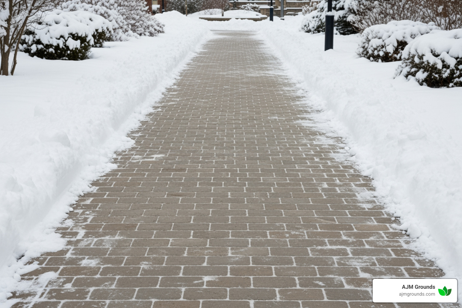 hardscaped walkway cleared of snow in a winter setting - hardscape maintenance service