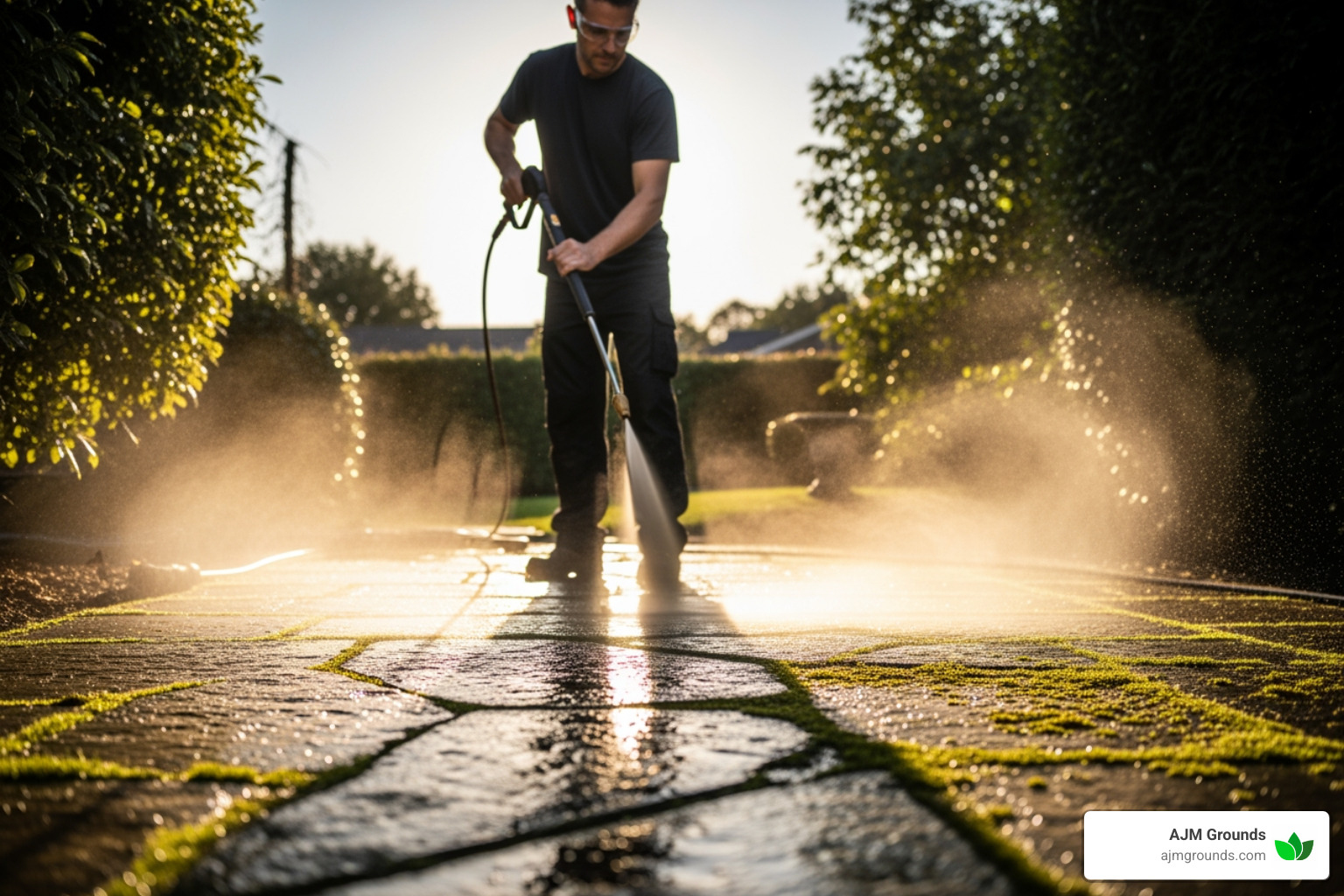 professional using a power washer on a stone walkway - hardscape maintenance service