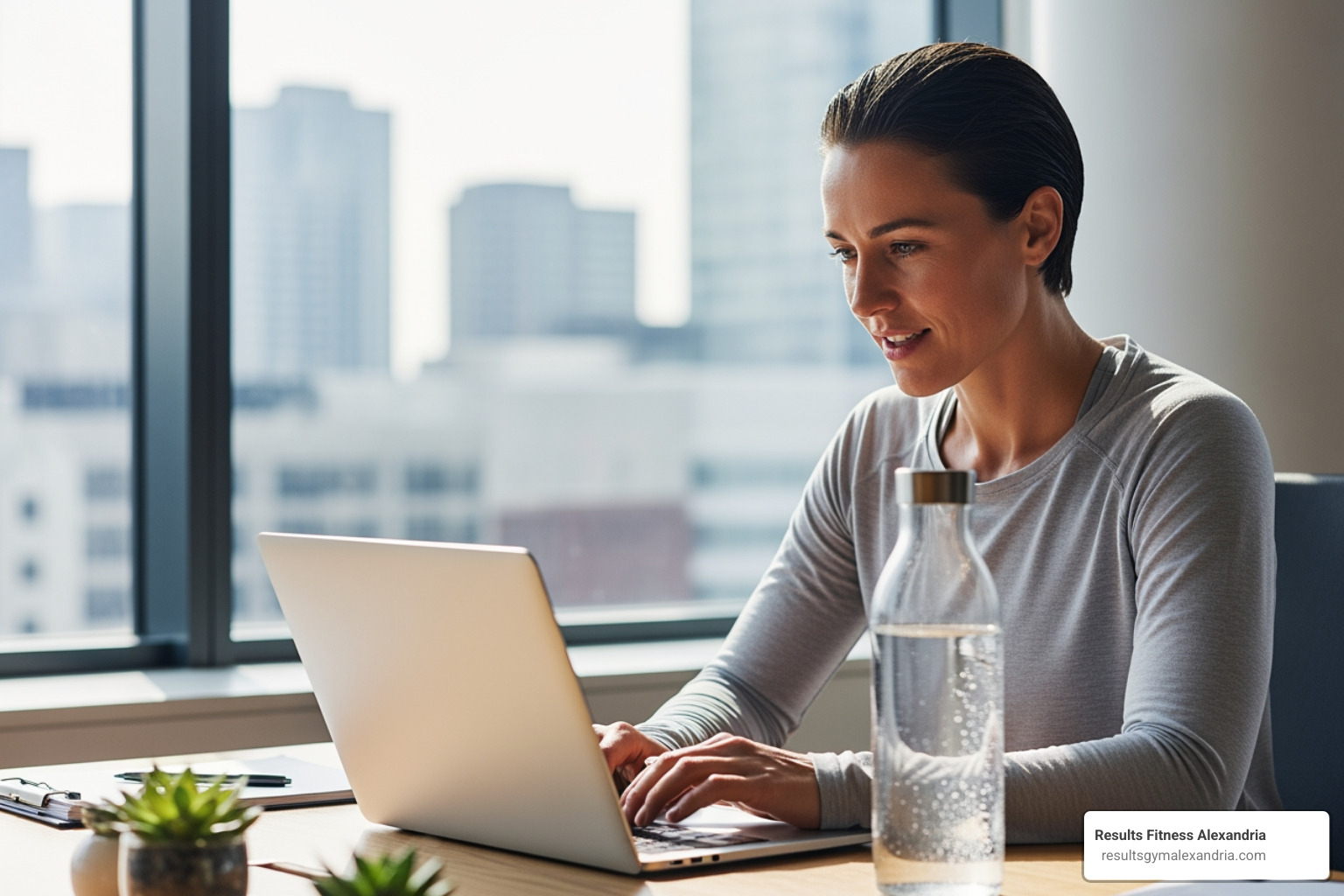 person looking energized and focused at their desk after a morning workout - morning exercise classes
