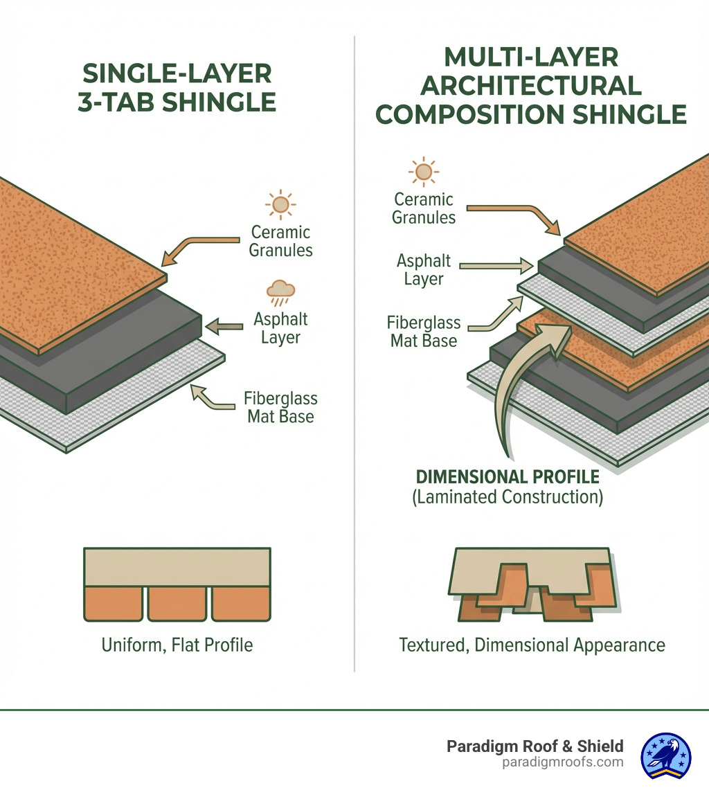 infographic showing cross-section comparison of single-layer 3-tab shingle versus multi-layer architectural composition shingle with labeled components including fiberglass mat base, multiple asphalt layers, ceramic granules, and dimensional profile - architectural composition shingles infographic infographic showing cross-section comparison of single-layer 3-tab shingle versus multi-layer architectural composition shingle with labeled components including fiberglass mat base, multiple asphalt layers, ceramic granules, and dimensional profile - architectural composition shingles infographic