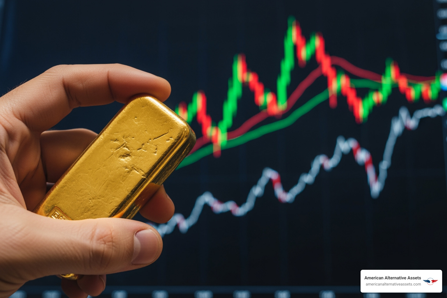 contrasting a physical gold bar held in hand with a fluctuating stock market chart on a screen - how to invest IRA