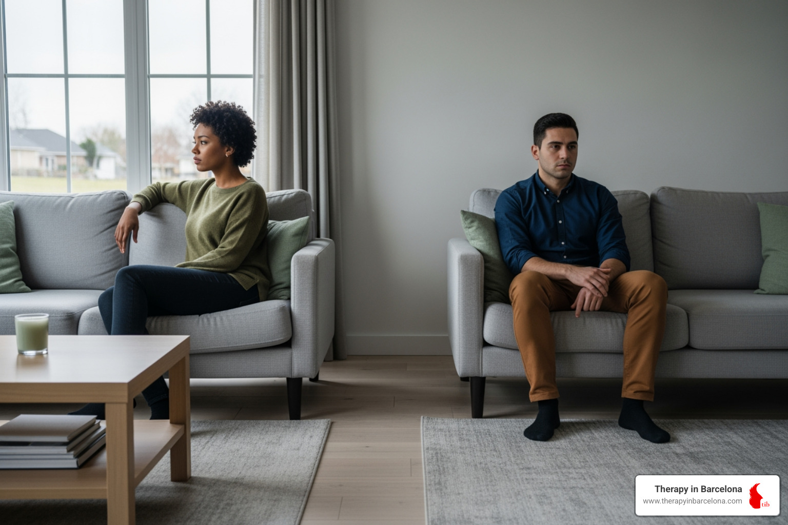 couple sitting apart on sofa - Fixing relationship problems couple sitting apart on sofa - Fixing relationship problems