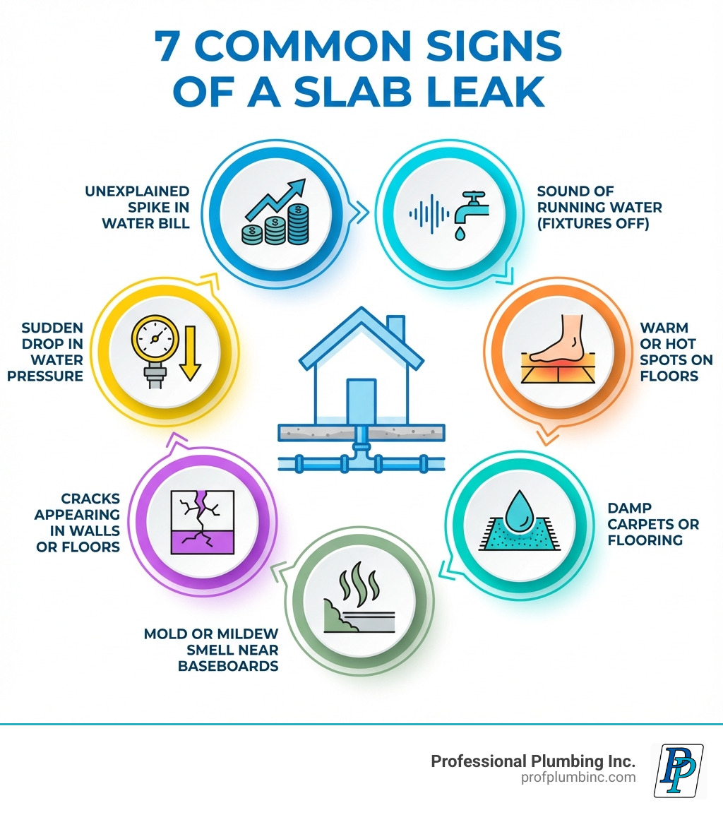 Infographic showing the 7 most common signs of a slab leak: unexplained spike in water bill, sound of running water when fixtures are off, warm or hot spots on floors, damp carpets or flooring, mold or mildew smell near baseboards, cracks appearing in walls or floors, and sudden drop in water pressure - Slab Leak Detection and Repair Orange County infographic 